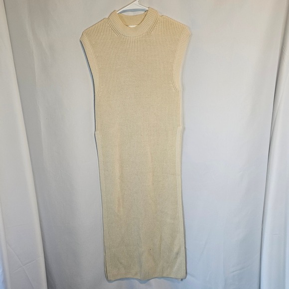 H&M Cream Sleeveless Knit Sweater XS Mock Neck Side Slit Long - Picture 1 of 7